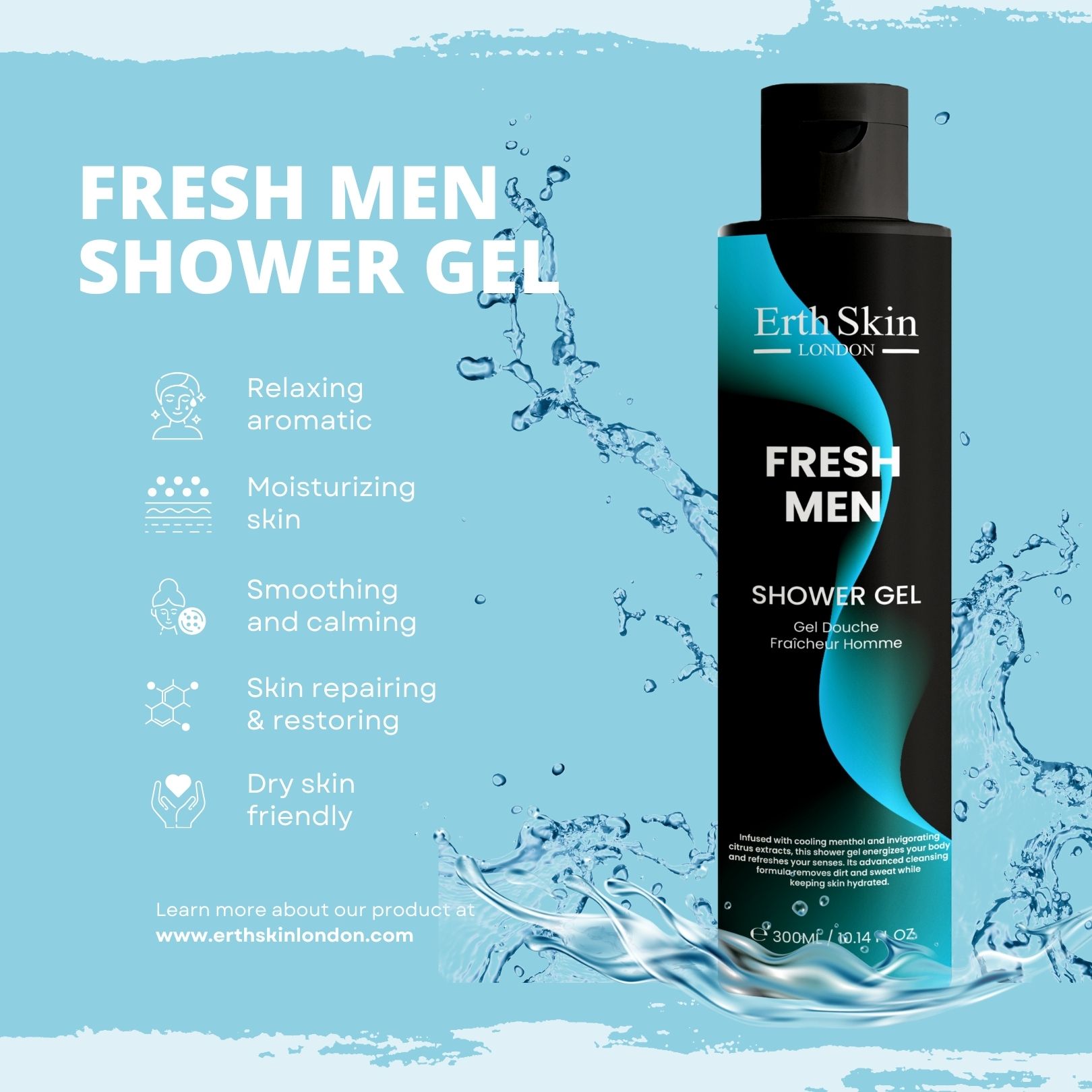 Flacone ErthSkin London Fresh Men Duschgel, etichetta blu, tappo nero. Testo: FRESH MEN, SHOWER GEL. Effetto acqua.
