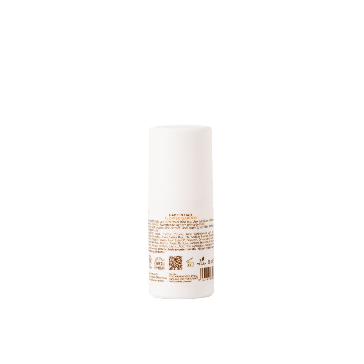 Retro di un deodorante roll-on bianco. Testo e loghi. "Made in Italy", certificazione biologica.