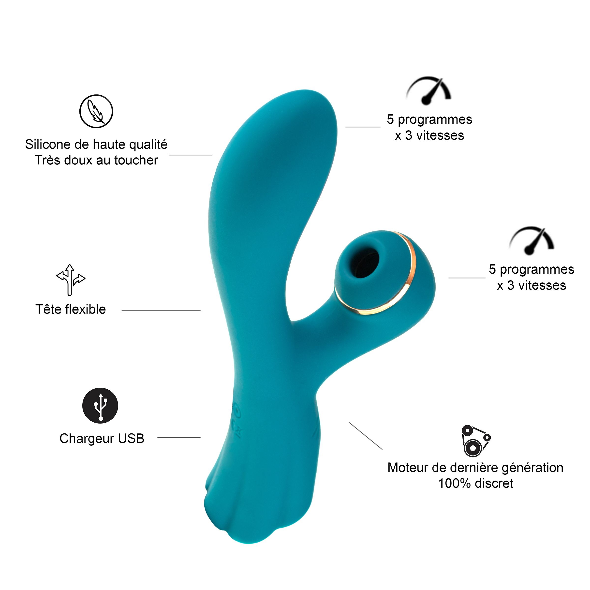 Vibratore turchese con anello dorato e forma curva.