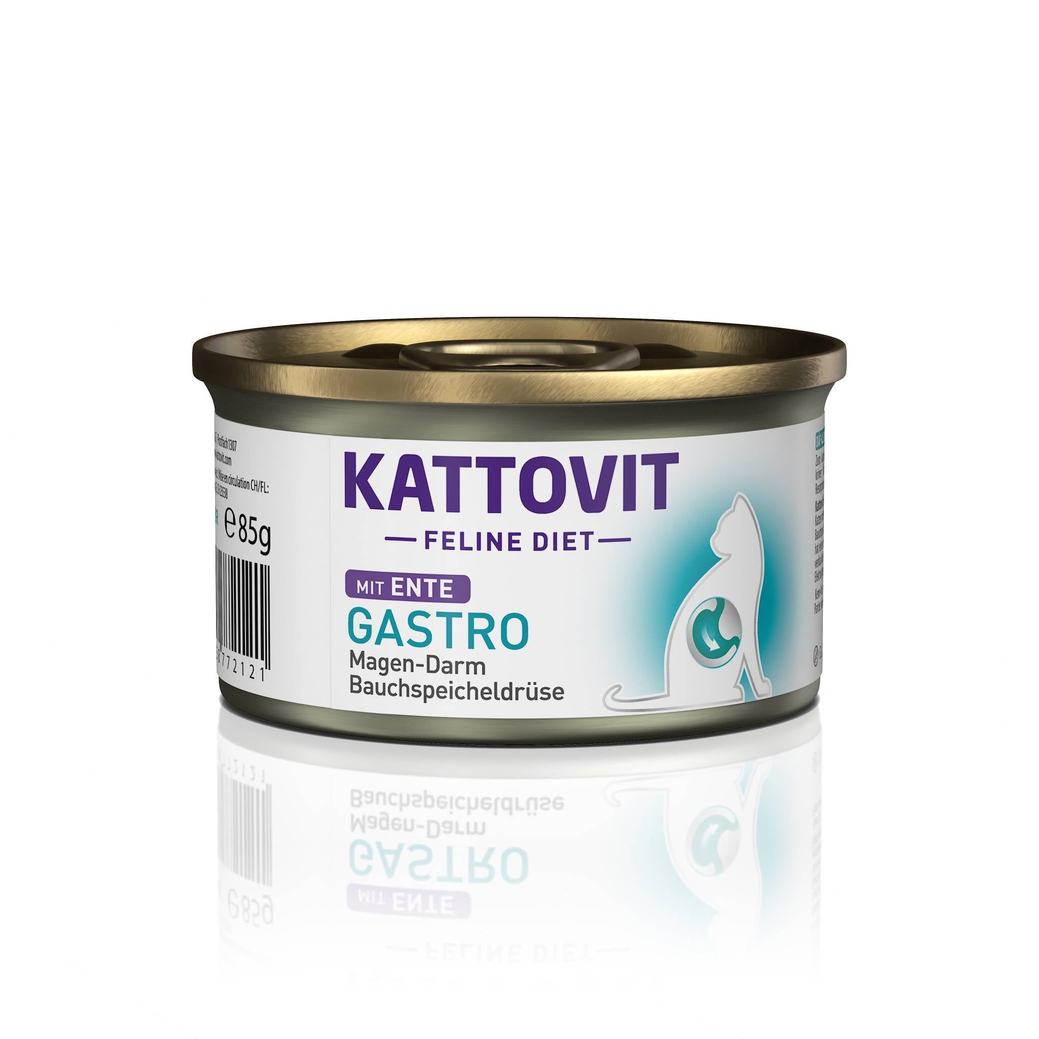 Lattina KATTOVIT Gastro Ente. Etichetta bianca, accento blu, coperchio dorato. Testo: Magen-Darm, Bauchspeicheldrüse.