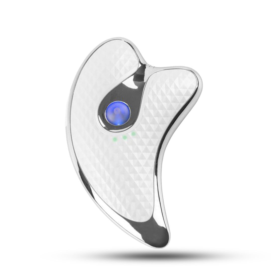Dispositivo per massaggio Gua Sha argento. Forma ergonomica con pulsante e indicatore LED. Motivo a diamante.