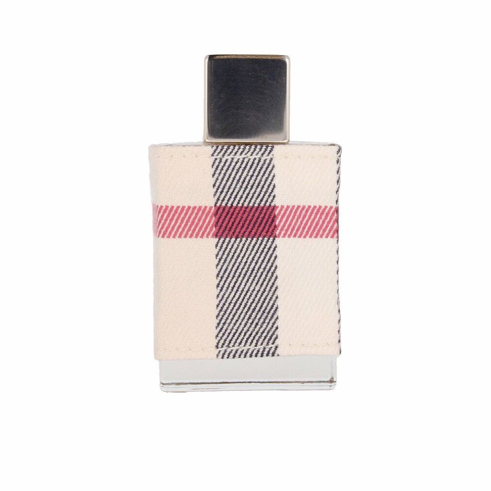 Burberry London Eau de Parfum Spray. Flacone con motivo a quadri. Tappo argentato. Forma rettangolare.