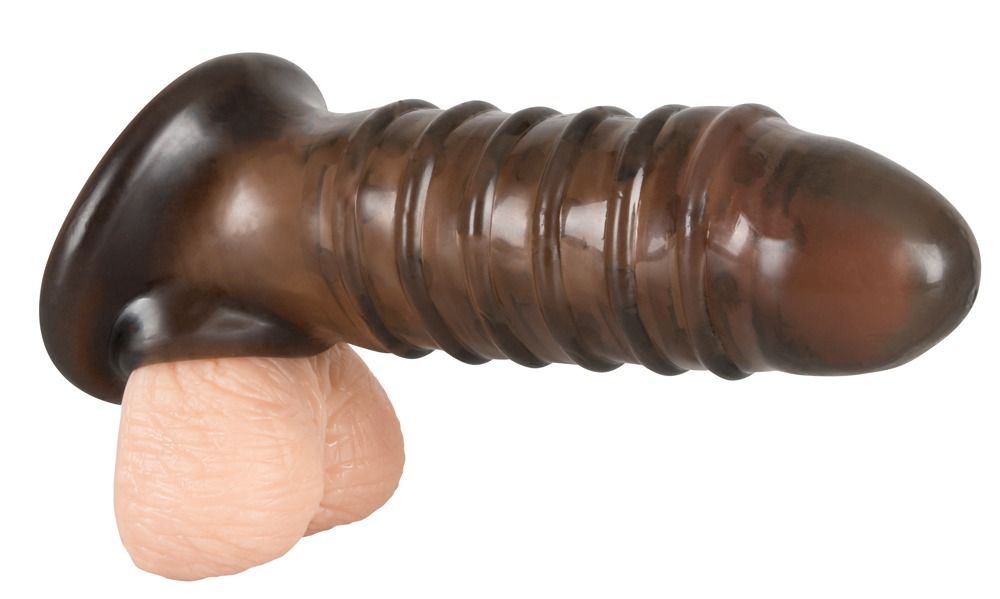 Manicotto penieno nero con apertura per testicoli e testicoli modello. Superficie scanalata, apertura all'estremità.