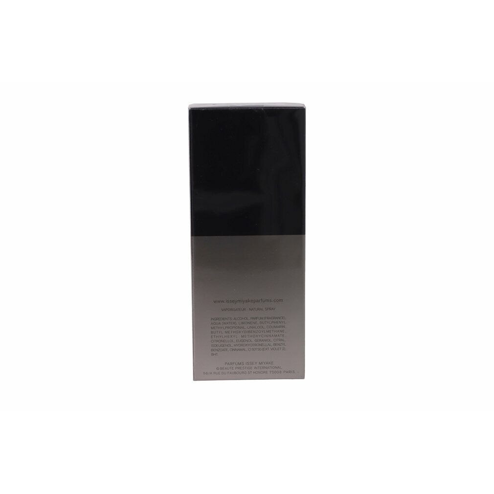 Confezione, rettangolare, nera e argento. Scritta: L'EAU D'ISSEY POUR HOMME INTENSE. Marchio: ISSEY MIYAKE. Testo.