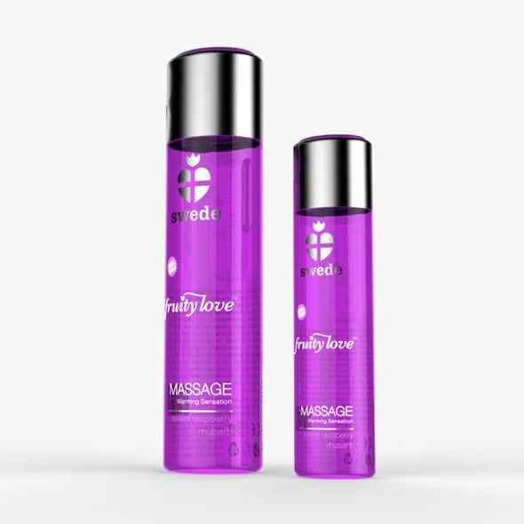 Due flaconi viola con tappi argentati. Testo: Swede, fruity love, Massage. Scritta: Warming Sensation.