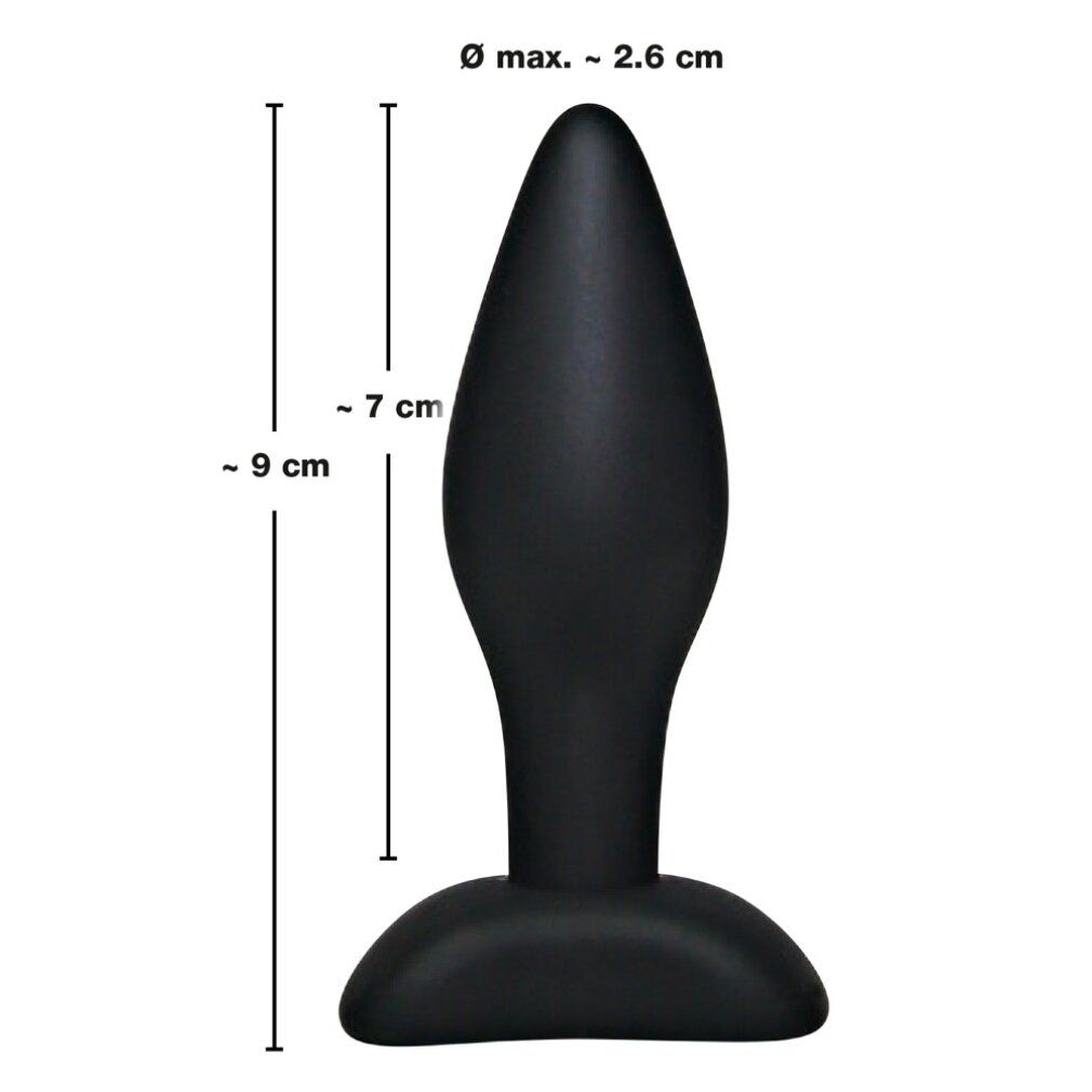 Plug anale nero, punta stretta, base allargata e base. Dimensioni: 9 cm altezza, 7 cm lunghezza, Ø max. 2,6 cm.