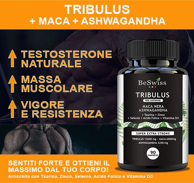 Flacone del prodotto con testo. Flacone: BeSwiss Tribulus Maca Ashwagandha. Testo: testosterone, massa muscolare, vigore, resistenza. Contiene Taurina, Zinco, Selenio.