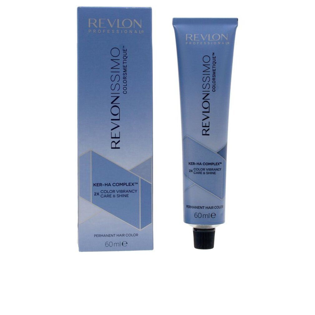 Tubo e scatola di tinta per capelli. Revlon Professional Revlonissimo Colorsmetique. Permanent Hair Color. 60ml. Ker-Ha Complex.