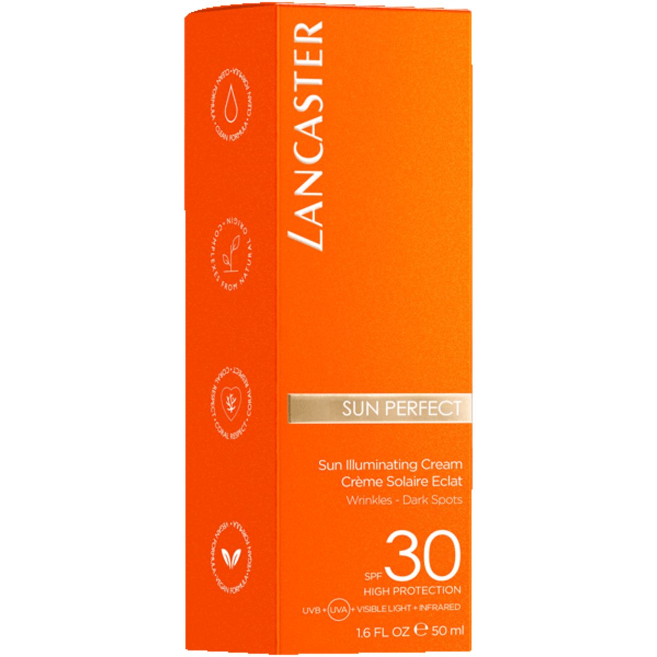 Confezione arancione. Scritta: Lancaster Sun Perfect 30 SPF. Per macchie scure. Con loghi.