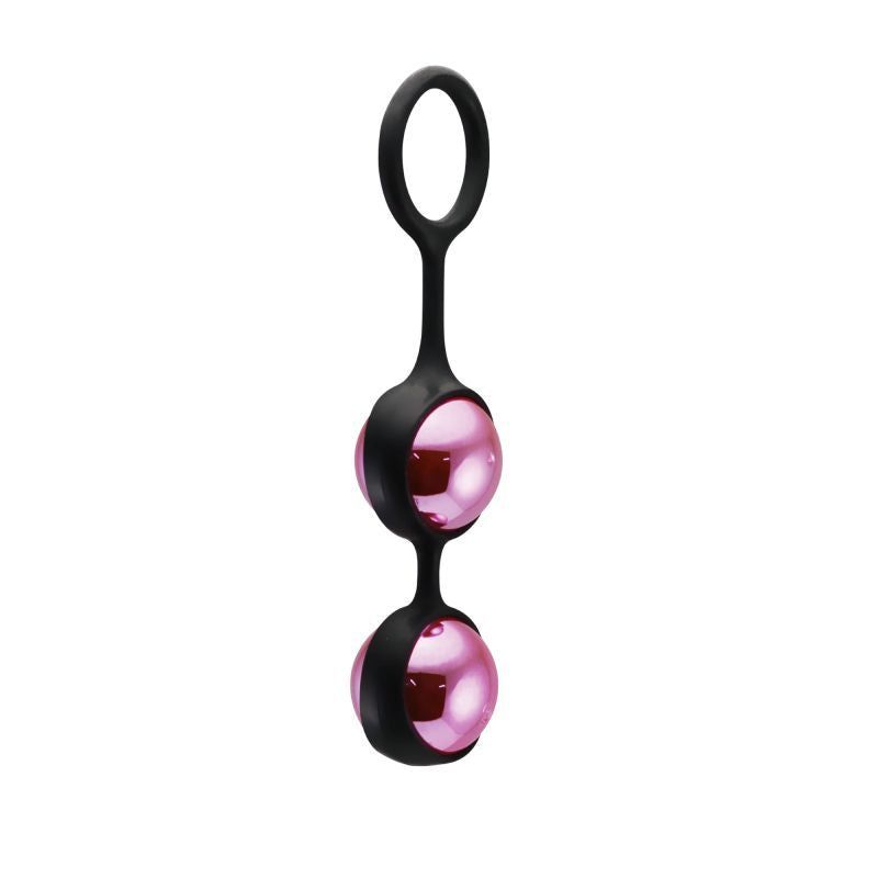 Due sfere rosa collegate con anello nero, su sfondo bianco.