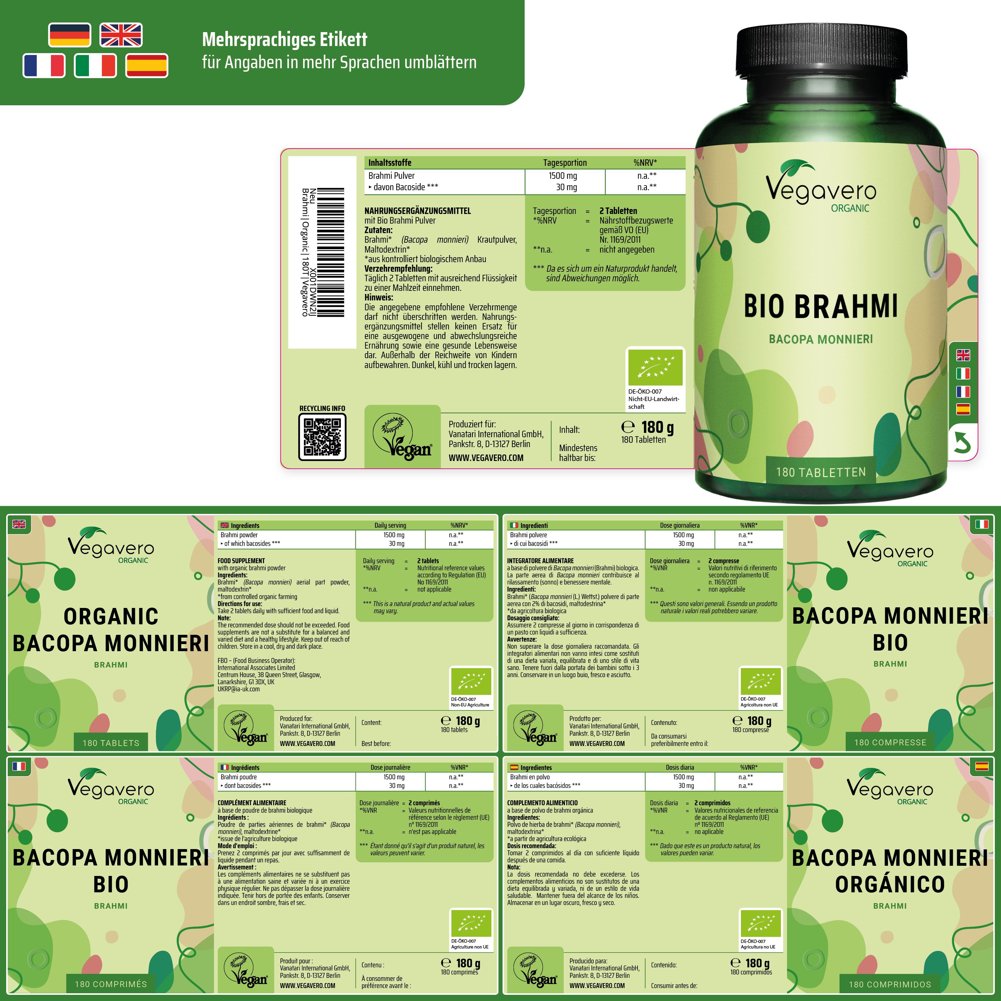 Etichetta multilingue con informazioni. Bottiglia di BIO BRAHMI. Diverse etichette con informazioni sul prodotto.