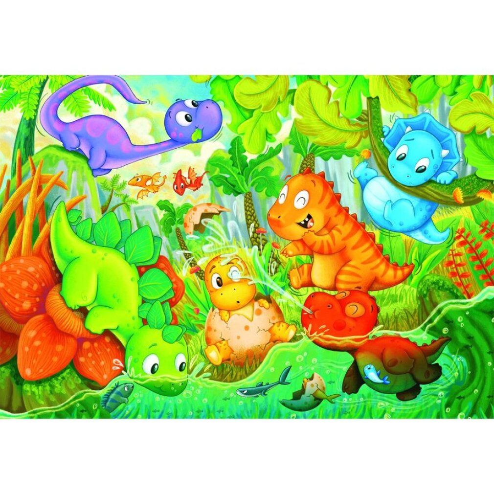 Puzzle con illustrazioni di dinosauri in un ambiente verde. Sono raffigurati diversi personaggi di dinosauri.