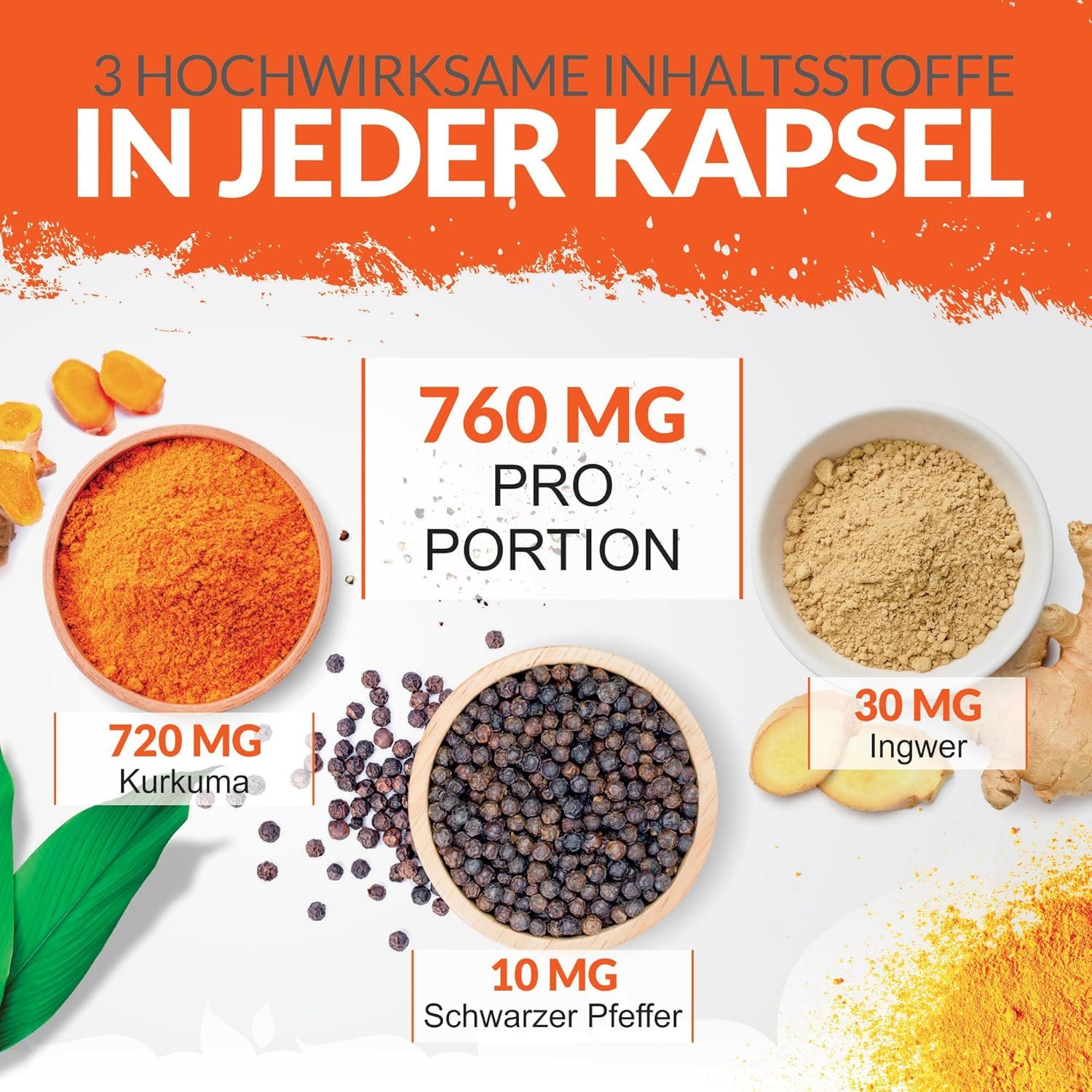 Tre ciotole con ingredienti: curcuma, pepe, zenzero. Testo: 760 mg per porzione. 720 mg curcuma, 10 mg pepe nero, 30 mg zenzero.