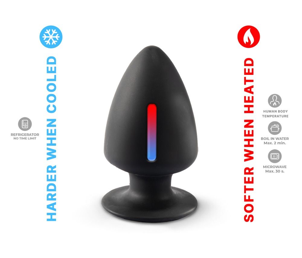Tappo anale nero con striscia LED rossa e blu. Può essere raffreddato e riscaldato.