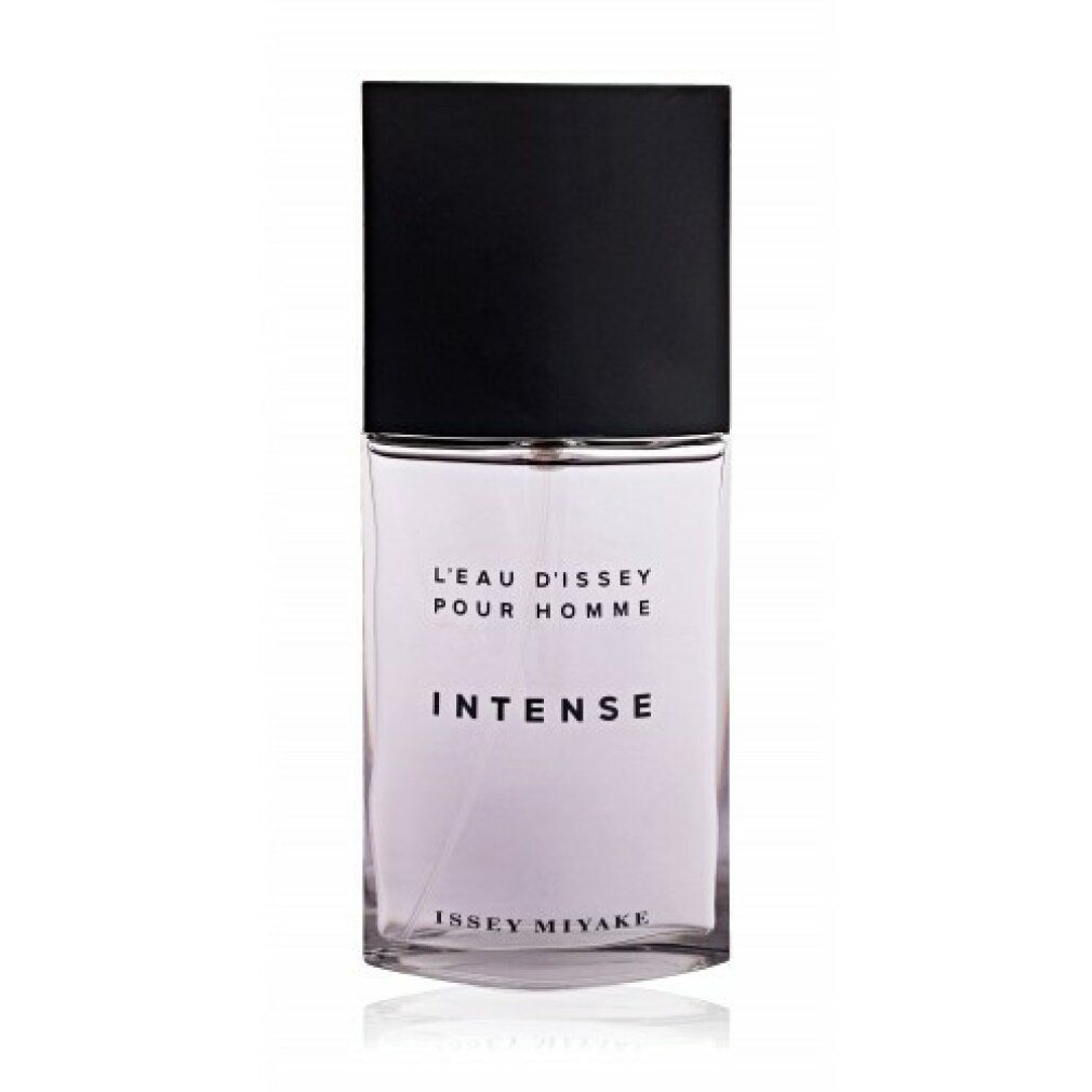 Flacone rettangolare con tappo nero. Scritta: L'EAU D'ISSEY POUR HOMME INTENSE. Marchio: ISSEY MIYAKE.