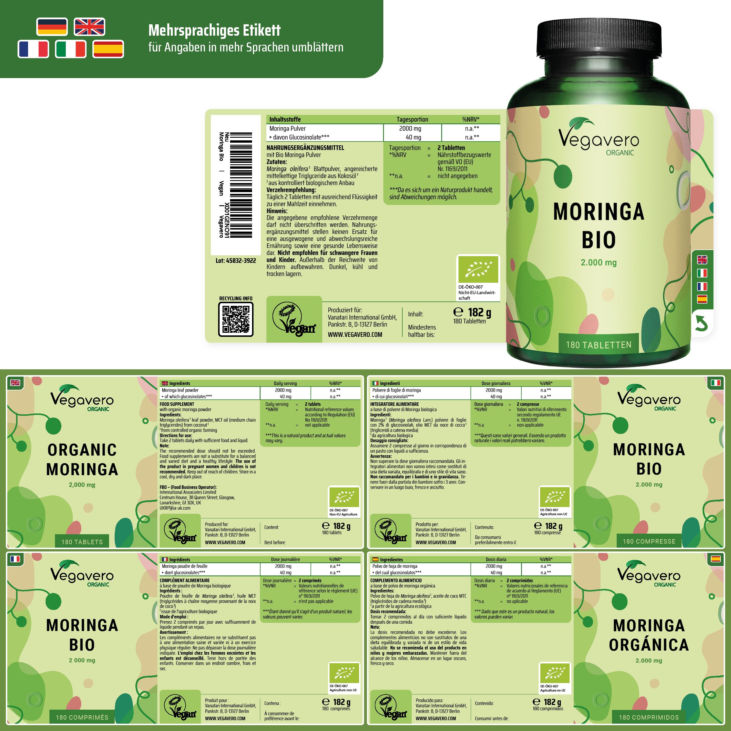 Confezione del prodotto con etichette multilingue. Flacone di Moringa BIO, 180 compresse. Logo Vegavaro.