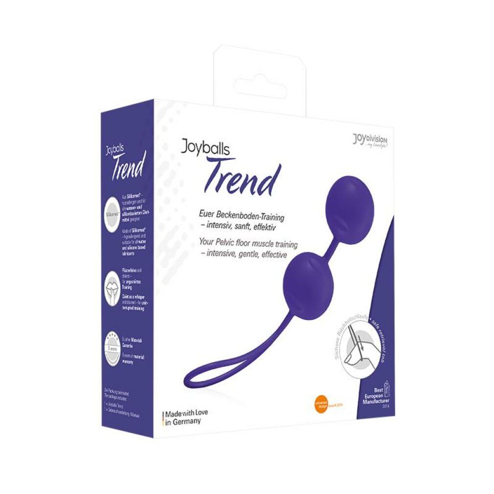 Joyballs® Trend viola in confezione. Due sfere con connettore e anello. Scritta: Allenamento del pavimento pelvico.