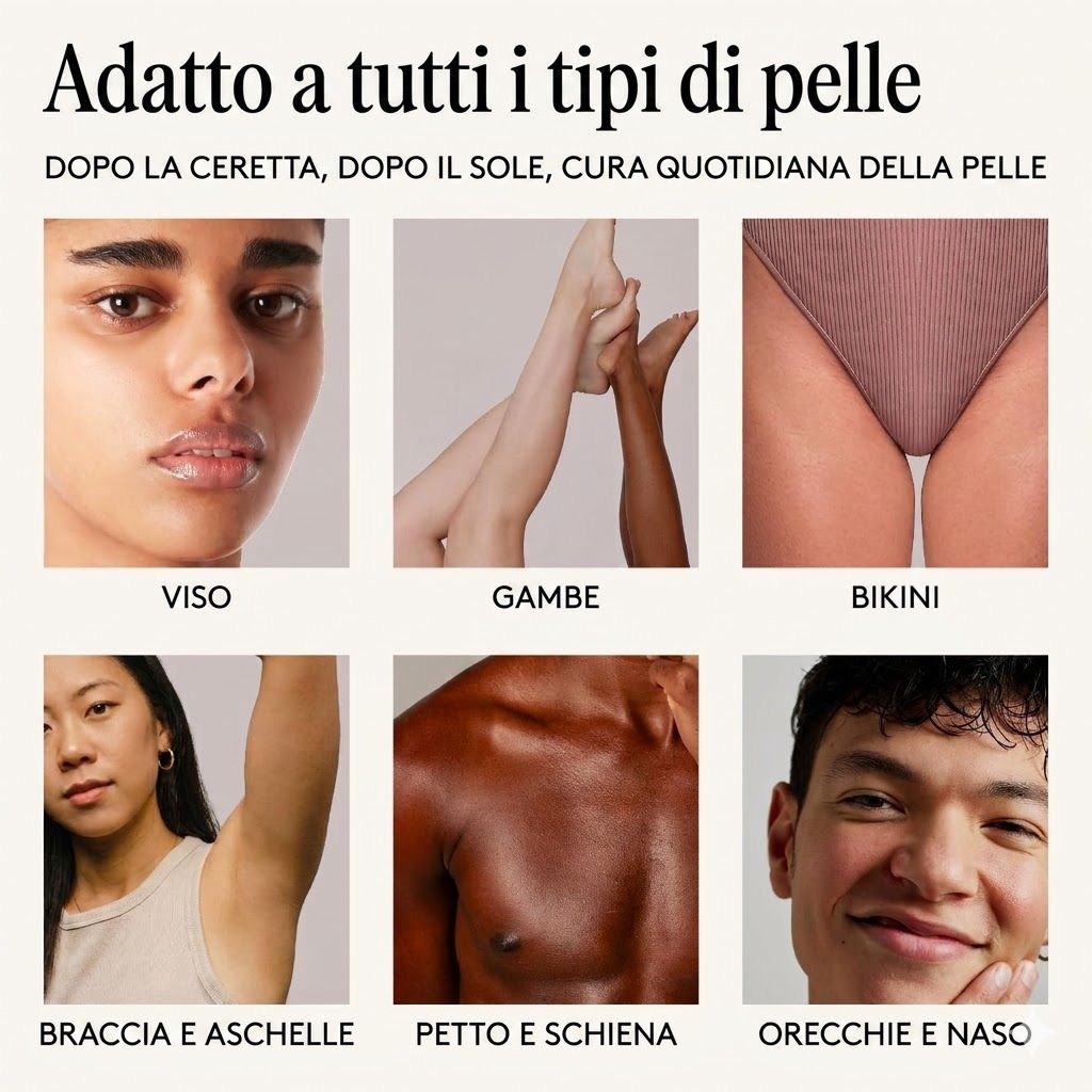 Immagini di volti e parti del corpo. Testo: Adatto a tutti i tipi di pelle. Dopo la ceretta, dopo il sole, cura quotidiana della pelle.
