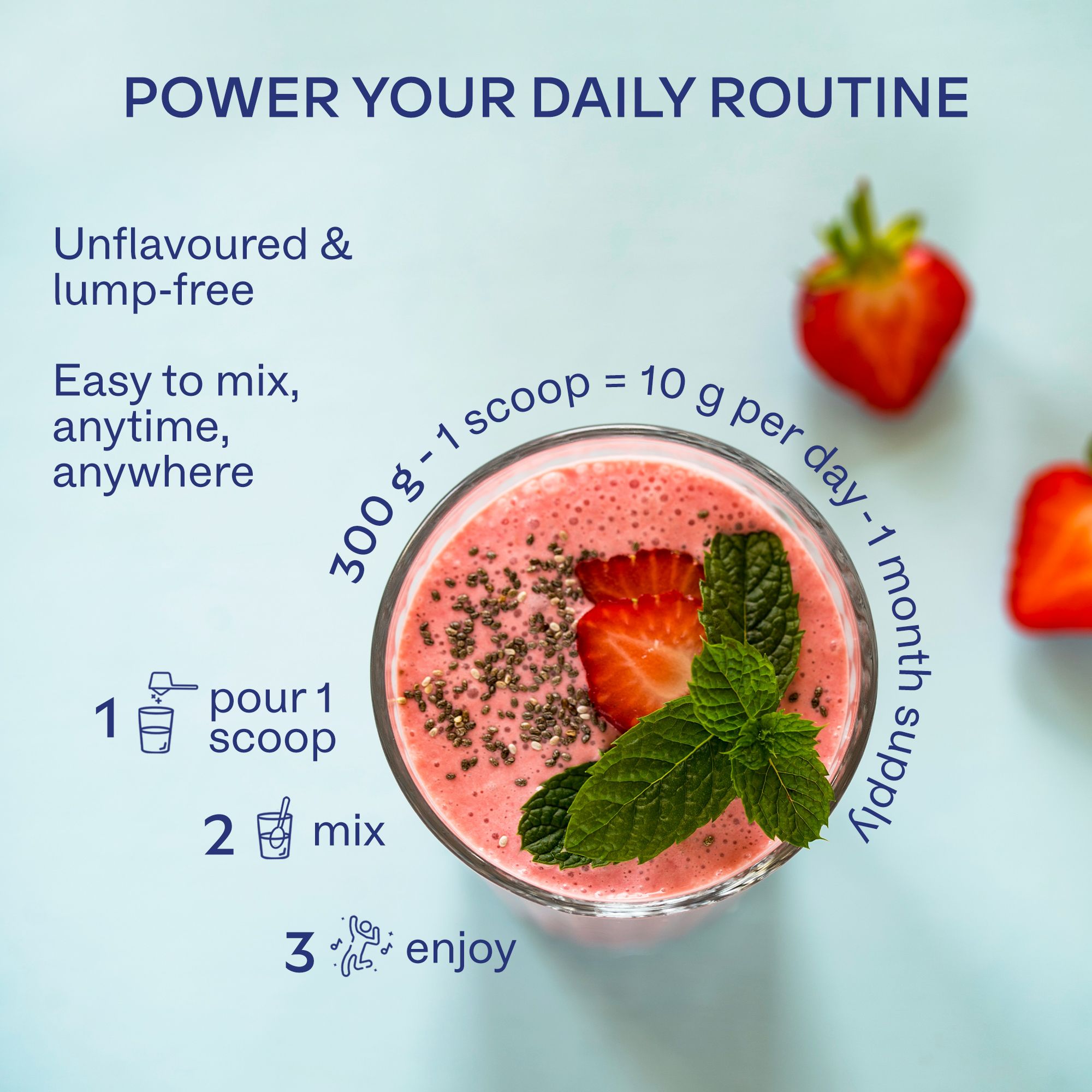 Frullato di fragole con menta. Testo: Senza sapore e senza grumi, Facile da miscelare, sempre e ovunque.