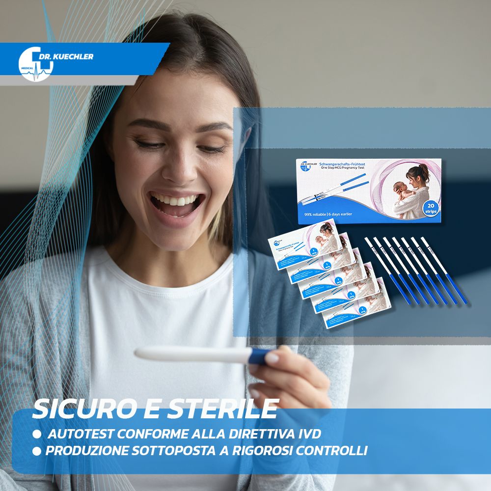 Donna con test di gravidanza. Confezione e test singoli sullo sfondo. "Sicuro e sterile".