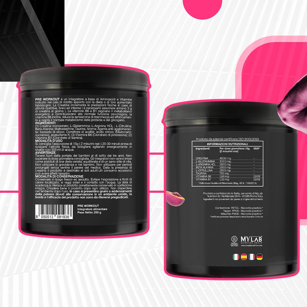 Retro di un barattolo nero T-Rex Pre Workout. Contiene informazioni sugli ingredienti, i valori nutrizionali e l'uso. Contiene creatina, glutammina, arginina, beta alanina, L-citrullina e Vit. B6-B1. Prodotto da Mylab.