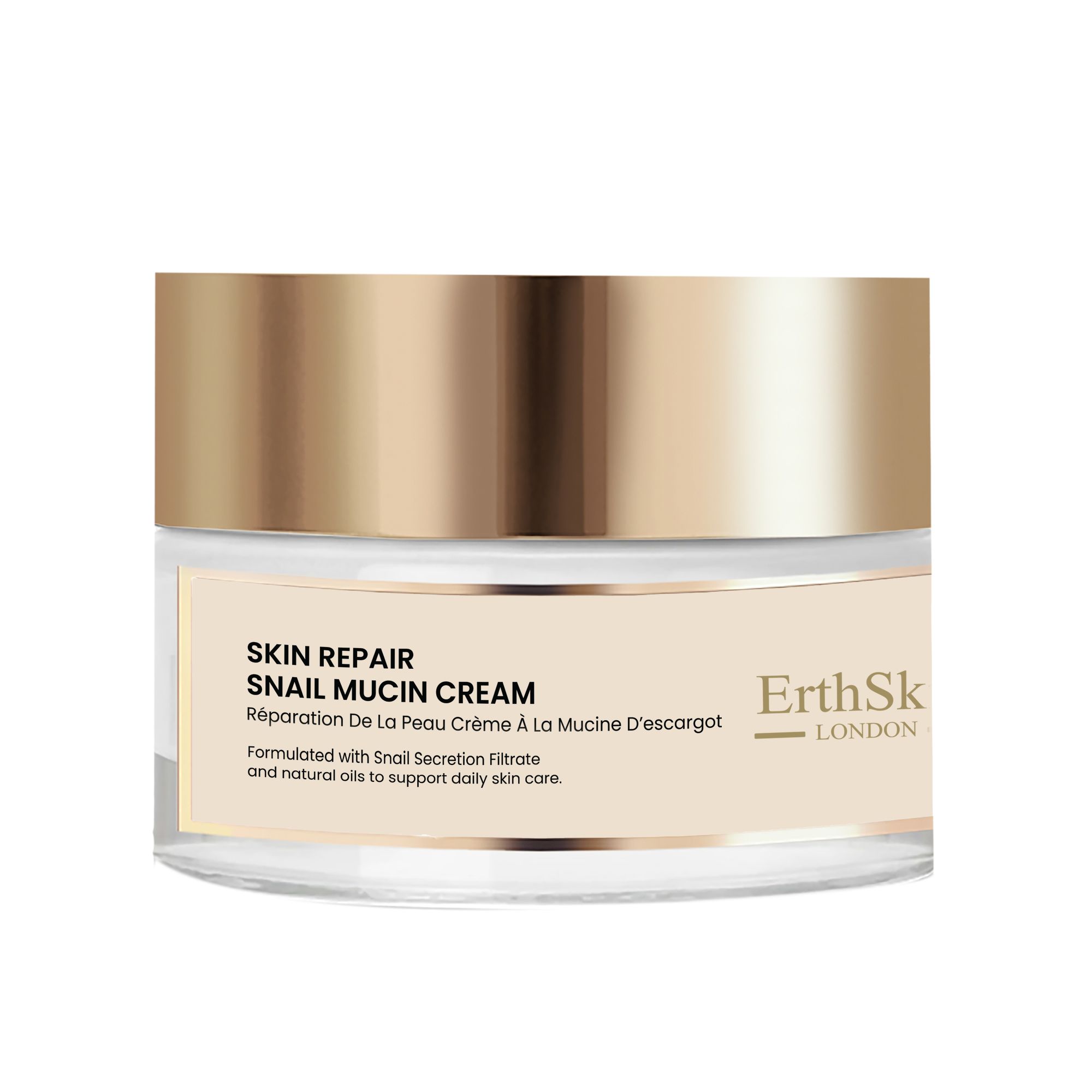 Vasetto di vetro con coperchio dorato. Scritta: Skin Repair Snail Mucin Cream. Marchio: ErthSkin London.