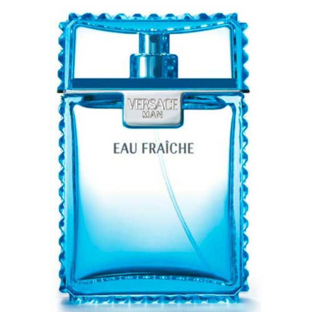 Flacone spray Versace Man Eau Fraiche Eau De Toilette, blu brillante, con spruzzatore argentato e design distintivo.