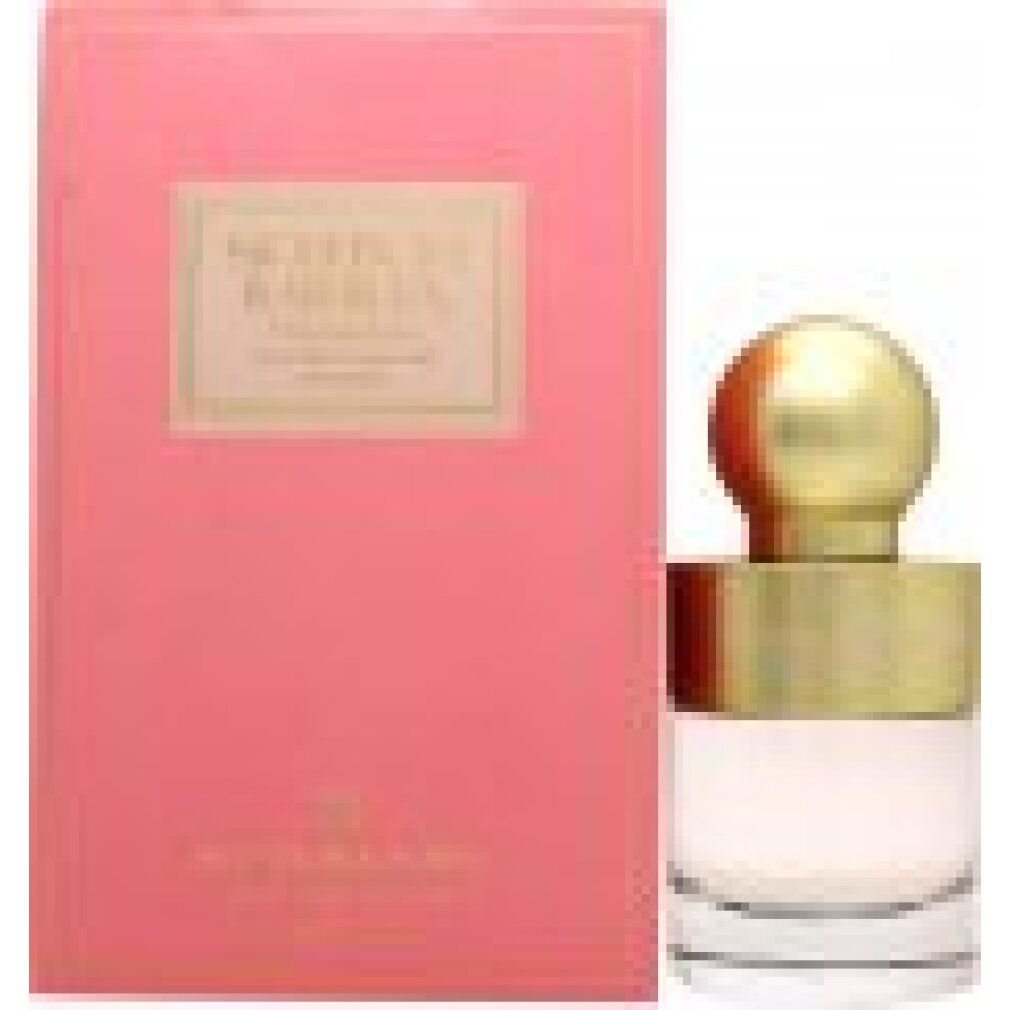 Scatola rosa accanto a flacone in vetro con tappo dorato.