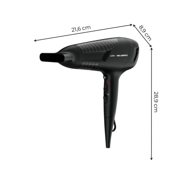 Asciugacapelli nero con dimensioni: 21,6 cm, 8,9 cm, 28,9 cm. Marchi Rowenta e KARL LAGERFELD.