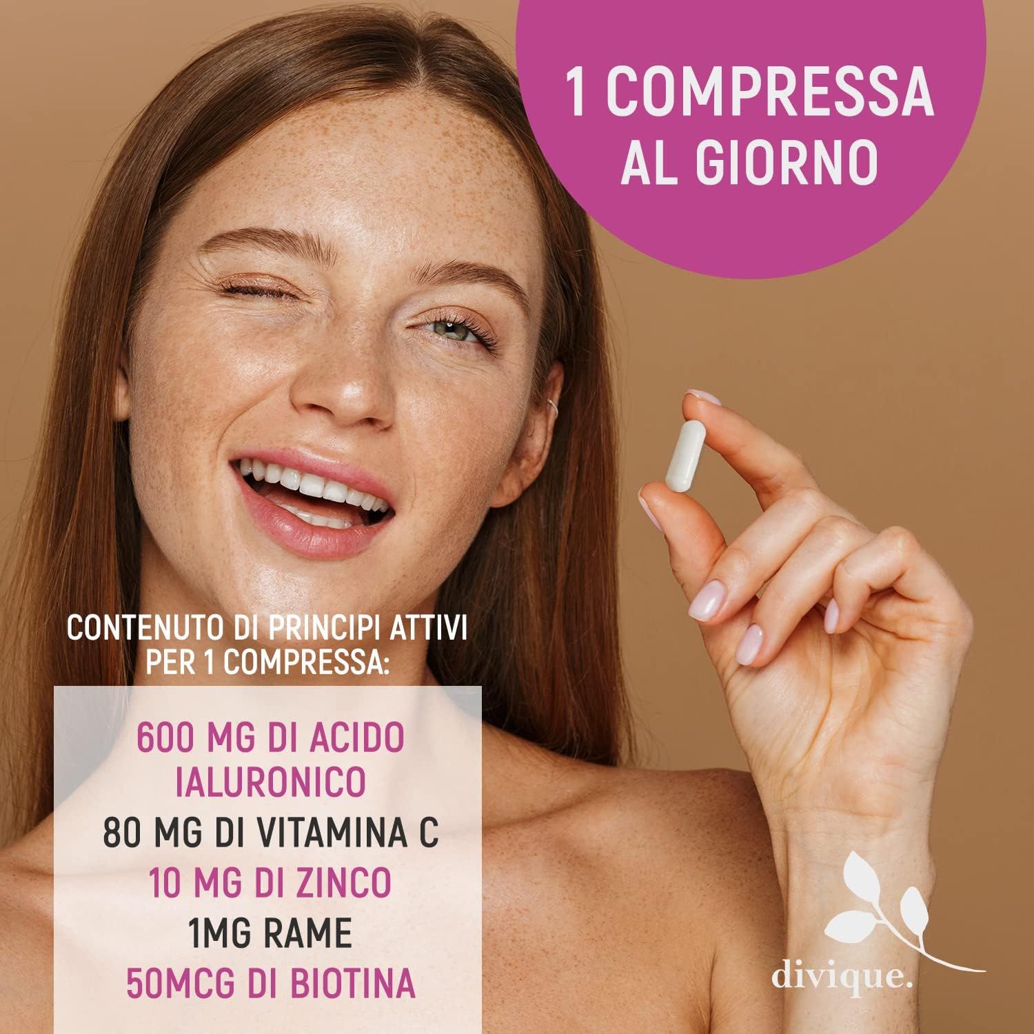 Donna con capsula. Testo: 600 mg acido ialuronico, 80 mg vitamina C, 10 mg zinco, 1 mg rame, 50 mcg biotina. divique.