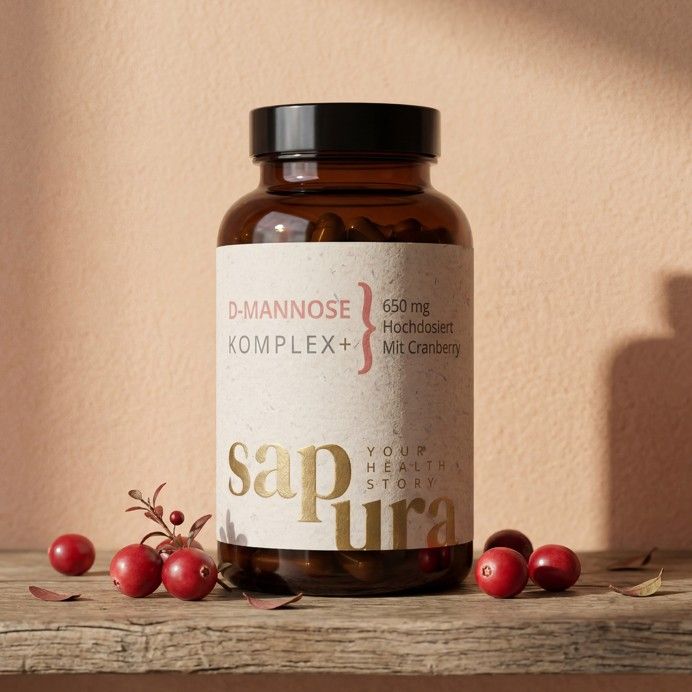 Bottiglia di D-Mannose Komplex+ 650mg con Cranberry su mensola di legno con mirtilli rossi.