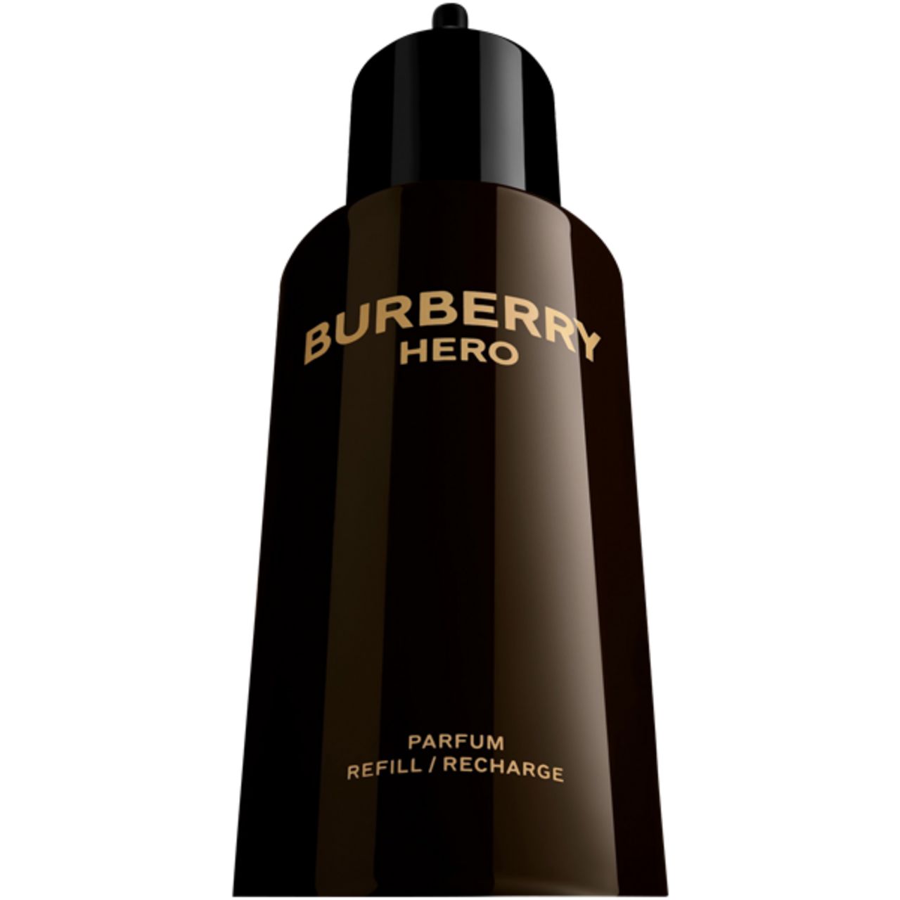 Burberry Hero Parfum Ricarica. Flacone marrone con tappo nero. Scritta dorata. Ricarica.