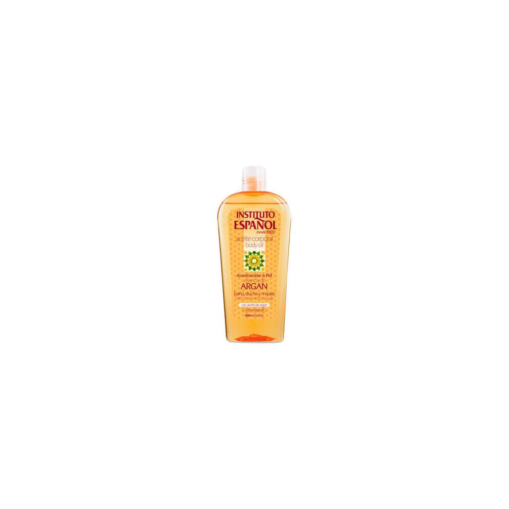 Olio di Argan Anfora. Bottiglia di olio giallo. Scritta Instituto Español, olio di Argan, per bagno, doccia e massaggio.