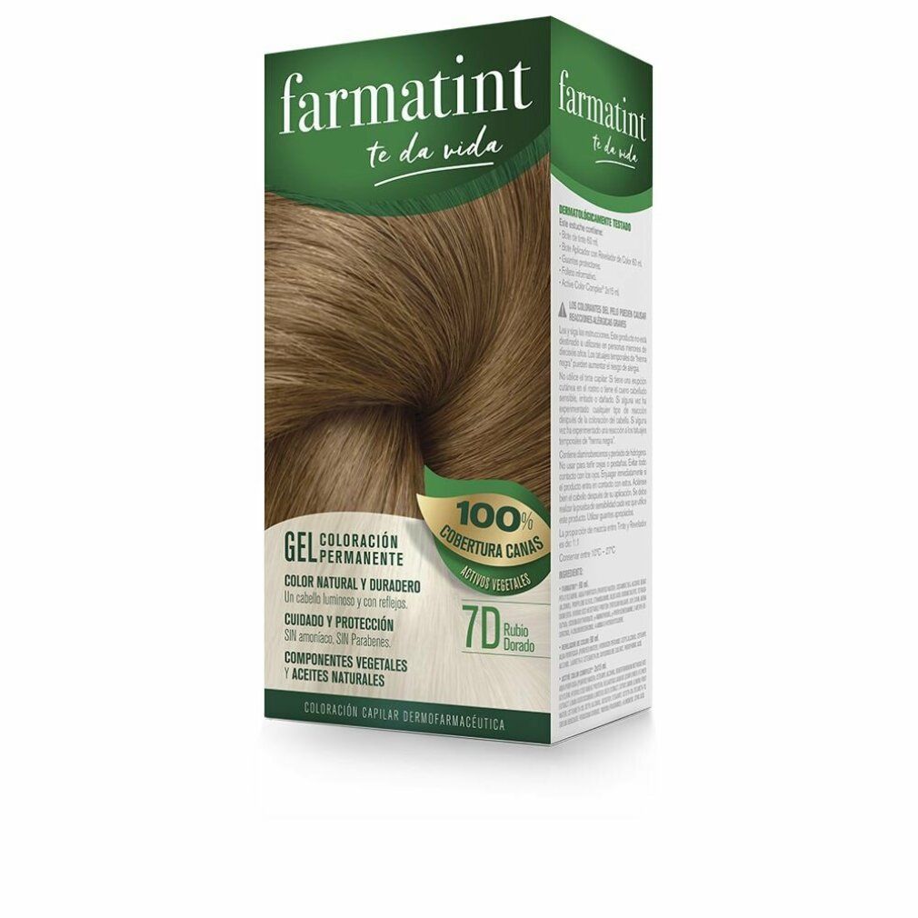 Confezione Farmatint Dauerhafte Farbe Gel 7d Dunkelblond. Scatola verde e bianca con immagine e testo. Codice colore 7D.