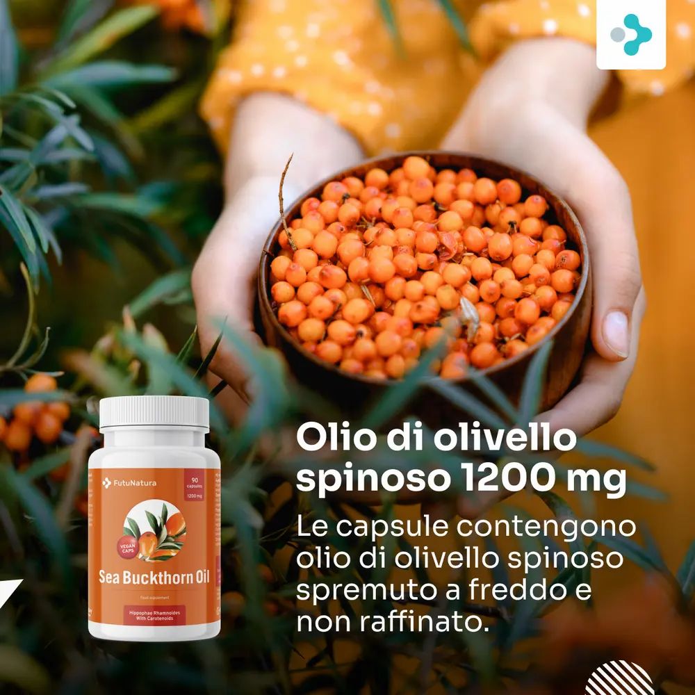 Mani che tengono una ciotola di bacche di olivello spinoso. Accanto, flacone FutuNatura Sea Buckthorn Oil 1200 mg. Testo: Olio di olivello spinoso 1200 mg.
