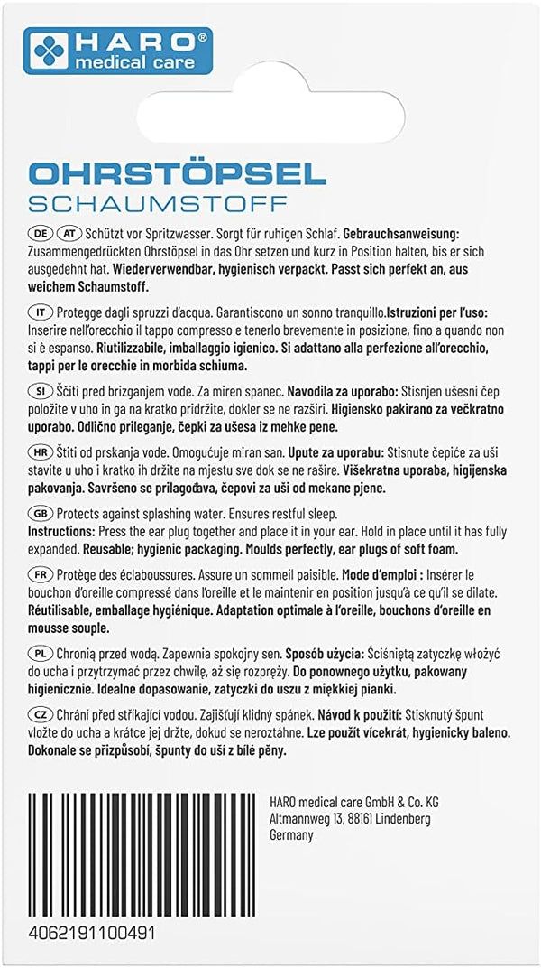 Retro della confezione con testo. Contiene informazioni sui tappi per le orecchie, le istruzioni per l'uso e il codice a barre.