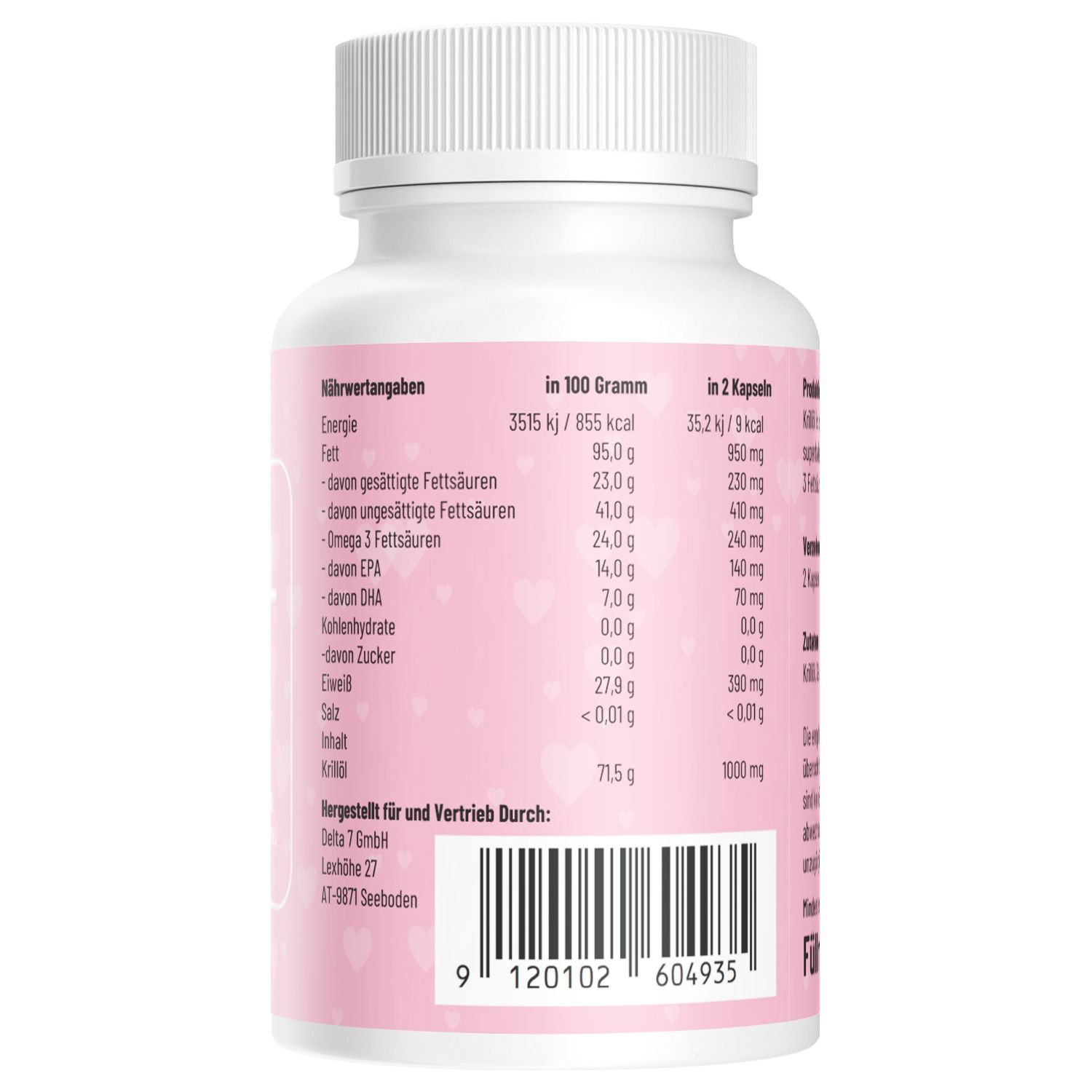 Retro del flacone. Etichetta rosa. Valori nutrizionali per 100g e 2 capsule. Informazioni produttore e distributore. Codice a barre.