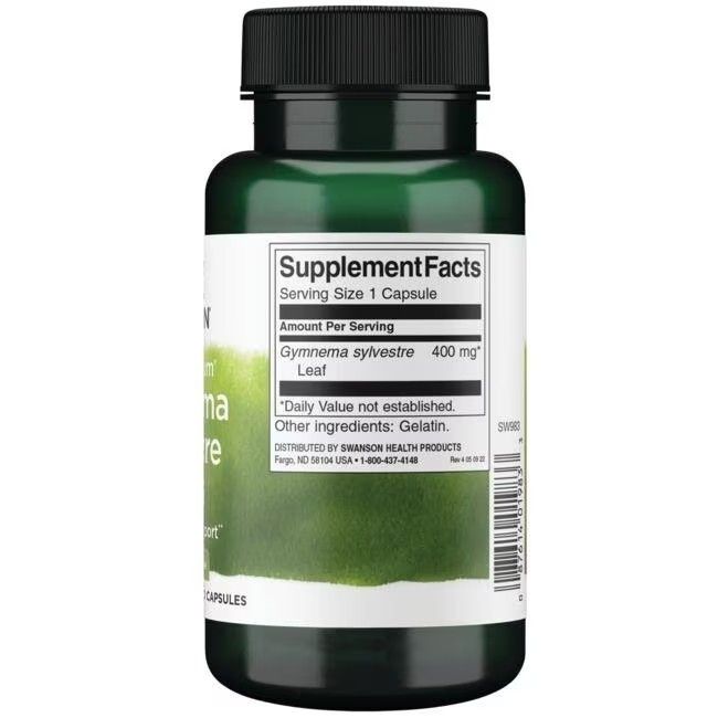 Retro di un flacone verde con tappo nero. Scritta: Supplement Facts, Gymnema Sylvestre 400 mg, gelatina.