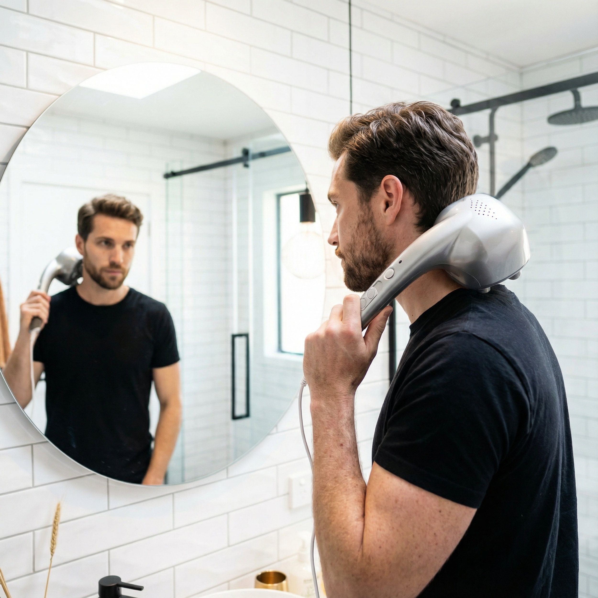 Uomo in bagno, tiene in mano un massaggiatore sul collo. Apparecchio argento con pulsanti. Specchio.