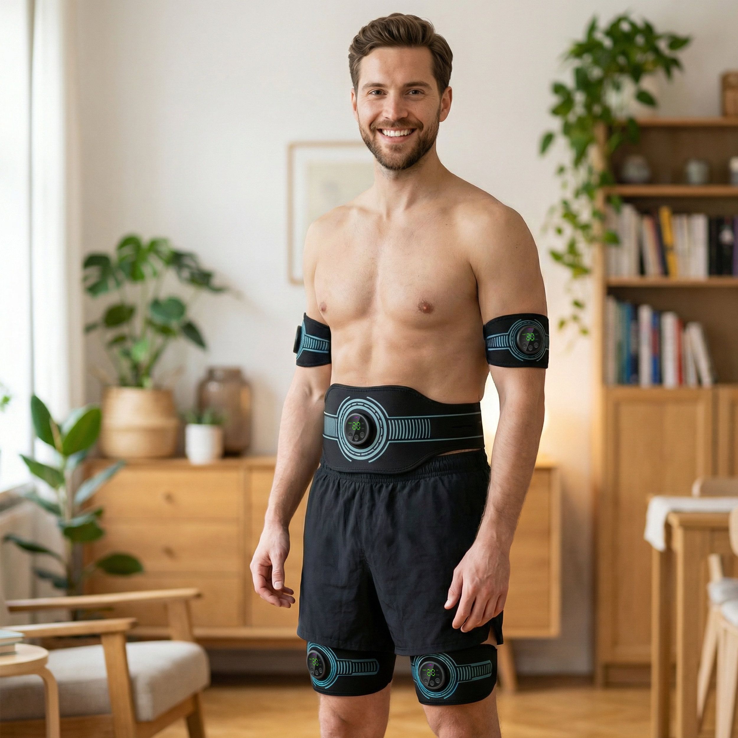 Uomo con dispositivi EMS su braccia, addome e gambe. Pantaloncini neri. In interni.