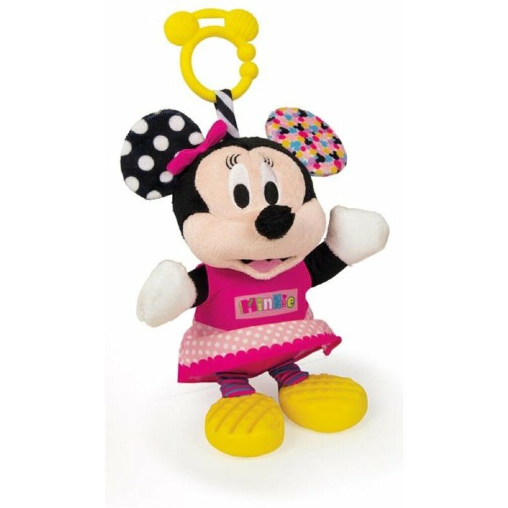Peluche Minnie Mouse, piedi gialli, vestito rosa, orecchie a pois e motivi. Anello giallo per appendere.