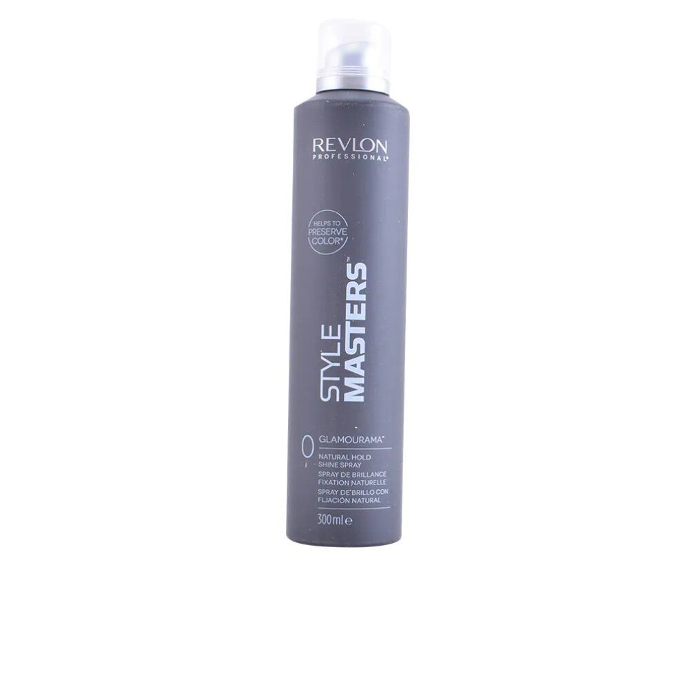 Revlon Style Masters Glamourama Shine Spray. Flacone grigio con erogatore bianco. Testo: Revlon, Style Masters, Glamourama, Natural Hold.