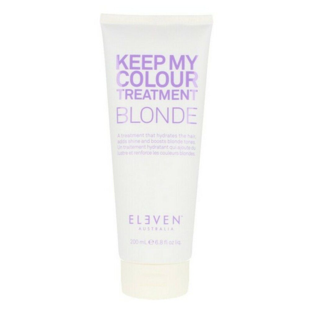 Tubo bianco con scritta viola: Keep My Colour Treatment Blonde. Contiene 200 ml.