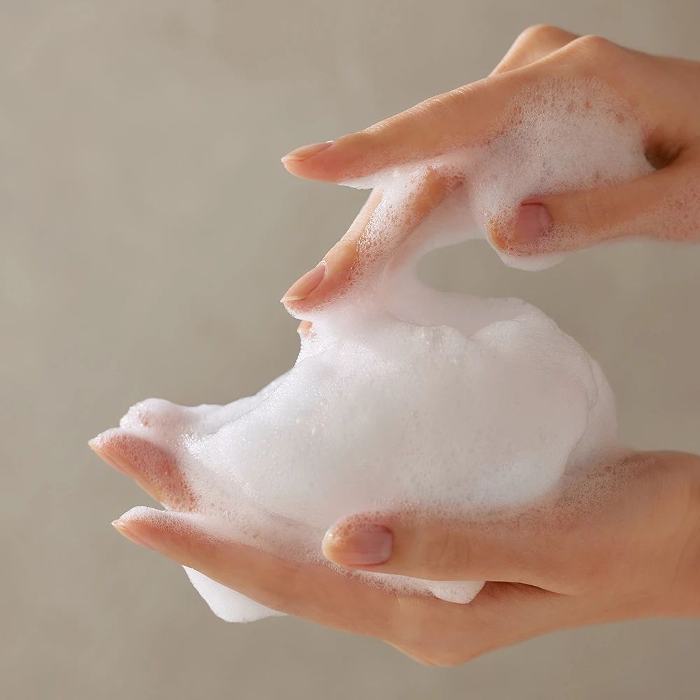 Mani con detergente schiumoso, sfregato tra le dita.