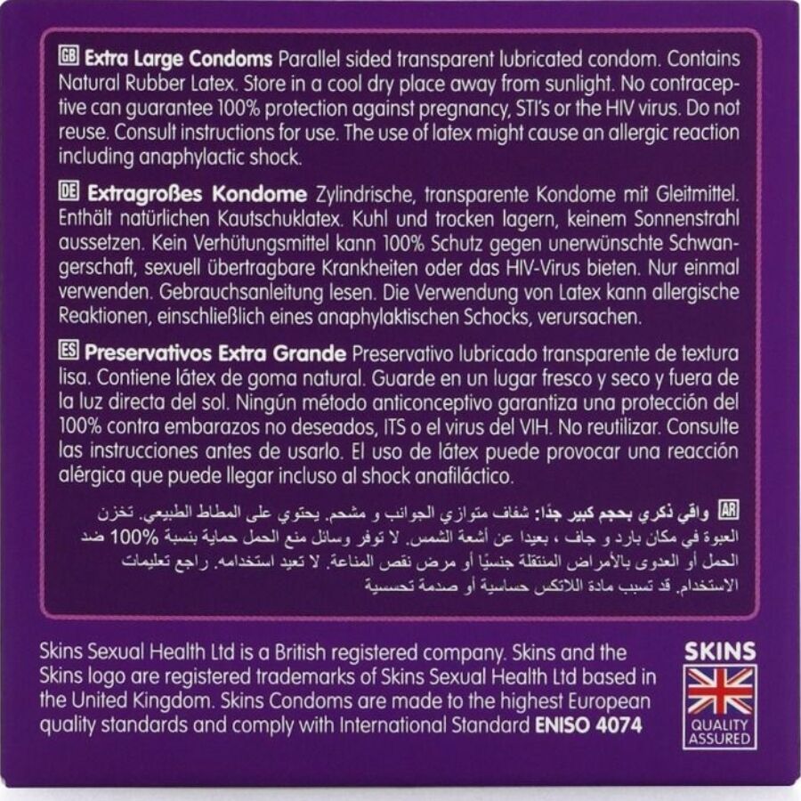 Retro della confezione di preservativi Skins Extra Large. Testo multilingue. Con marchi di qualità e nome del marchio.