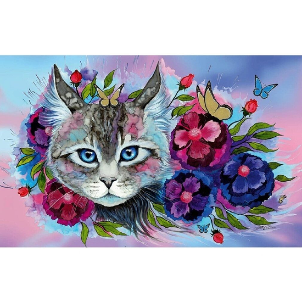 Puzzle gatto con fiori e farfalle. Gatto dagli occhi blu circondato da fiori. Sfondo pastello.