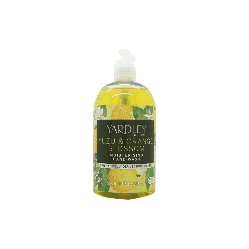 Sapone liquido con etichetta. Scritta: Yuzu & Orange Blossom. Con dispenser. Liquido giallo visibile. Vegano.
