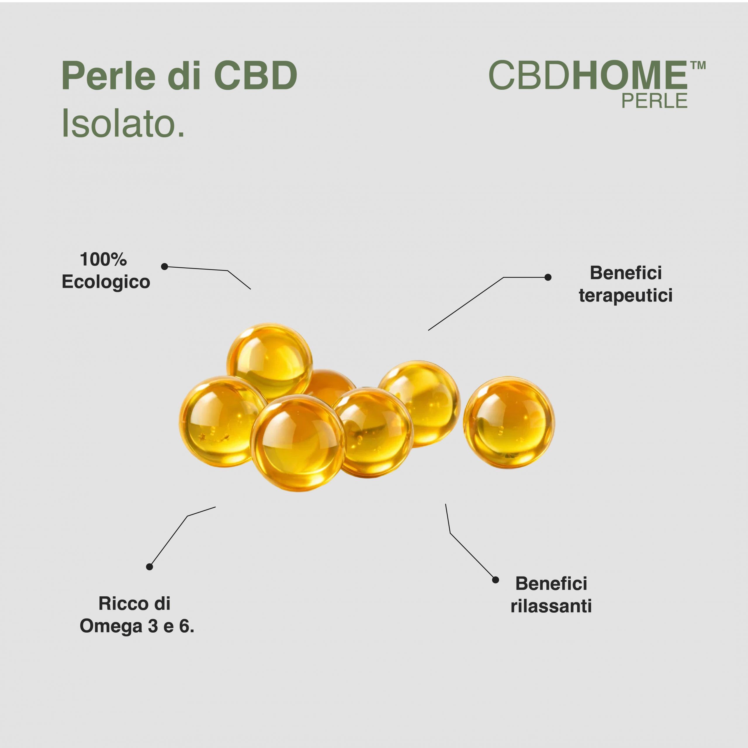 Perle di CBD dorate, descritte come 100% ecologiche e ricche di Omega 3 e 6.
