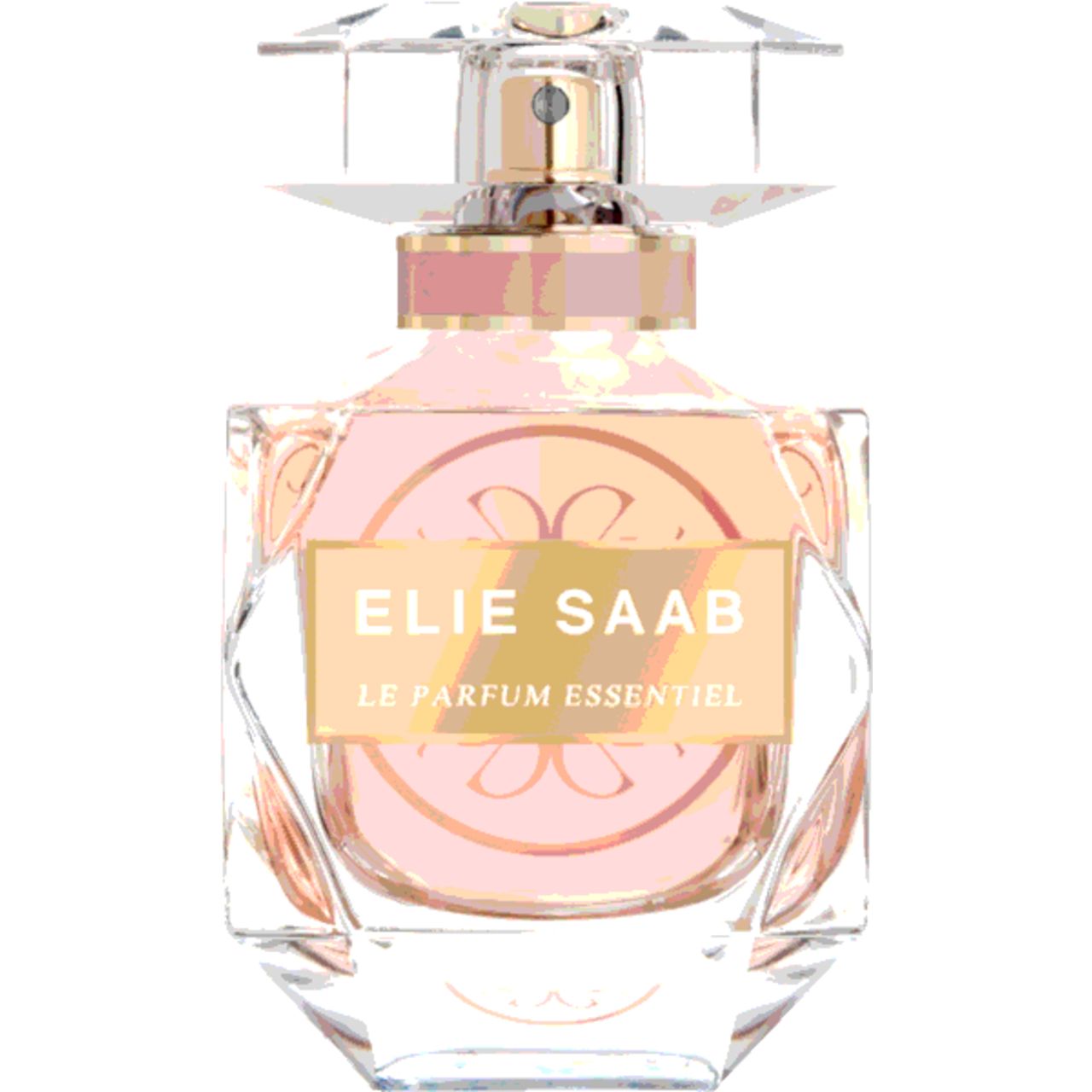 Flacone di profumo con etichetta dorata. Scritta: ELIE SAAB, LE PARFUM ESSENTIEL. Flacone in vetro trasparente con liquido rosa.