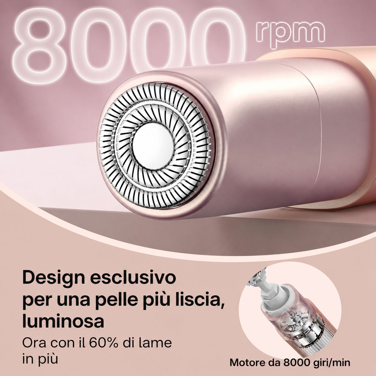 Primo piano di un epilatore viso rosa. Testo: Design esclusivo per una pelle più liscia e luminosa. Motore 8000 giri/min.